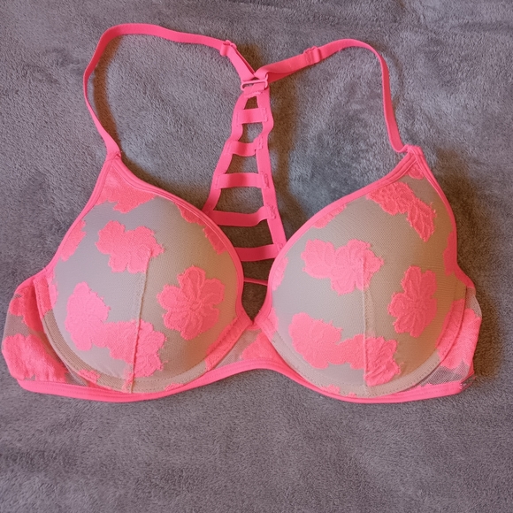PINK Victoria's Secret Hot Pink Floral Bra. Size 34C. - Picture 1 of 8